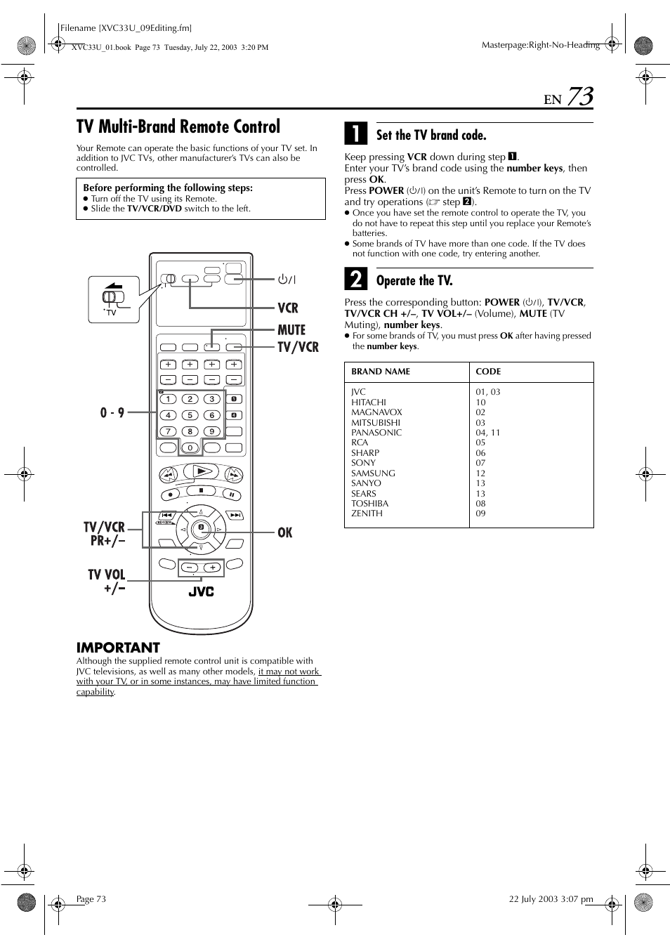 Pg. 73, Pg. 73), Tv multi-brand remote control | JVC HR-XVC33U User Manual | Page 73 / 192