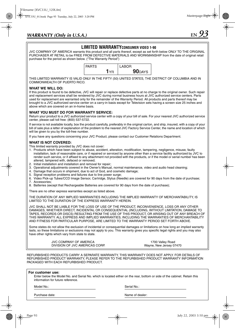 Warranty (only in u.s.a.), Limited warranty | JVC HR-XVC33U User Manual | Page 93 / 192