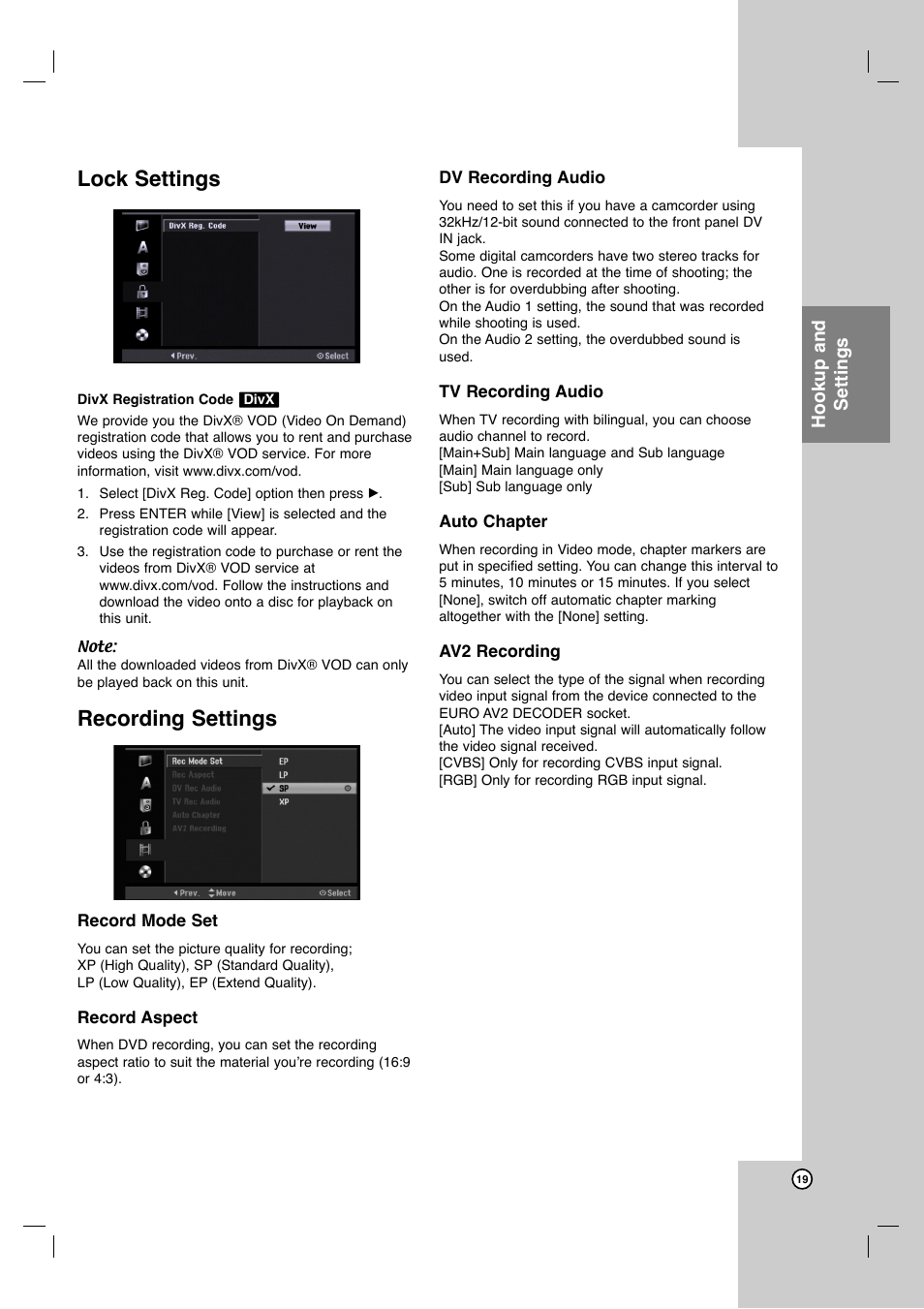 Lock settings, Recording settings | JVC ShowView LPT1132-001A User Manual | Page 19 / 58