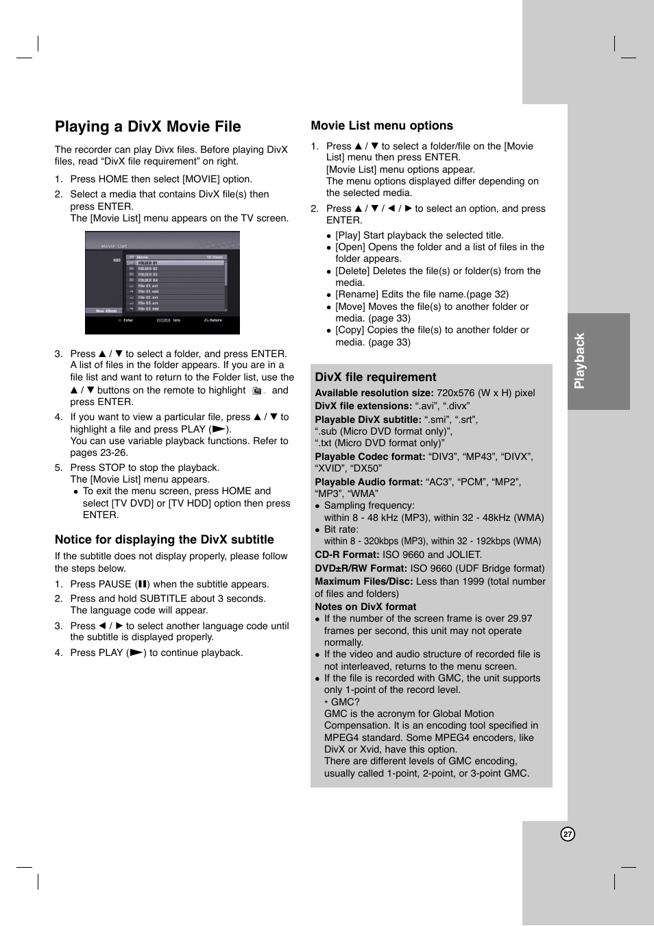 Playing a divx movie file, Playback | JVC ShowView LPT1132-001A User Manual | Page 27 / 58