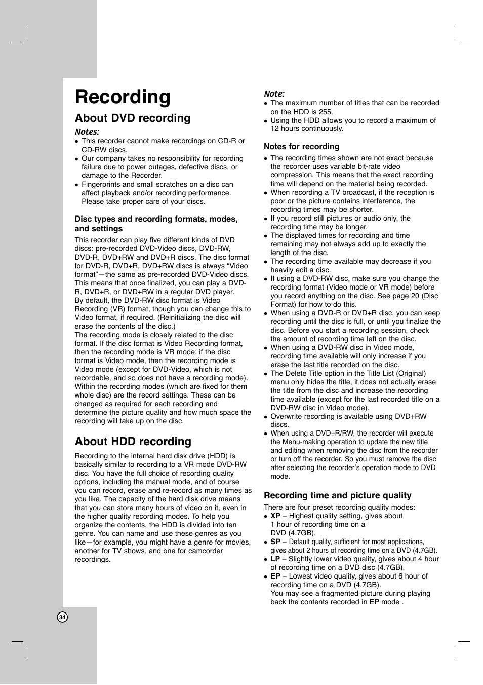 Recording, About dvd recording, About hdd recording | JVC ShowView LPT1132-001A User Manual | Page 34 / 58