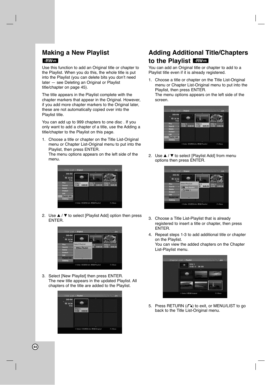 Making a new playlist, Adding additional title/chapters to the playlist | JVC ShowView LPT1132-001A User Manual | Page 44 / 58