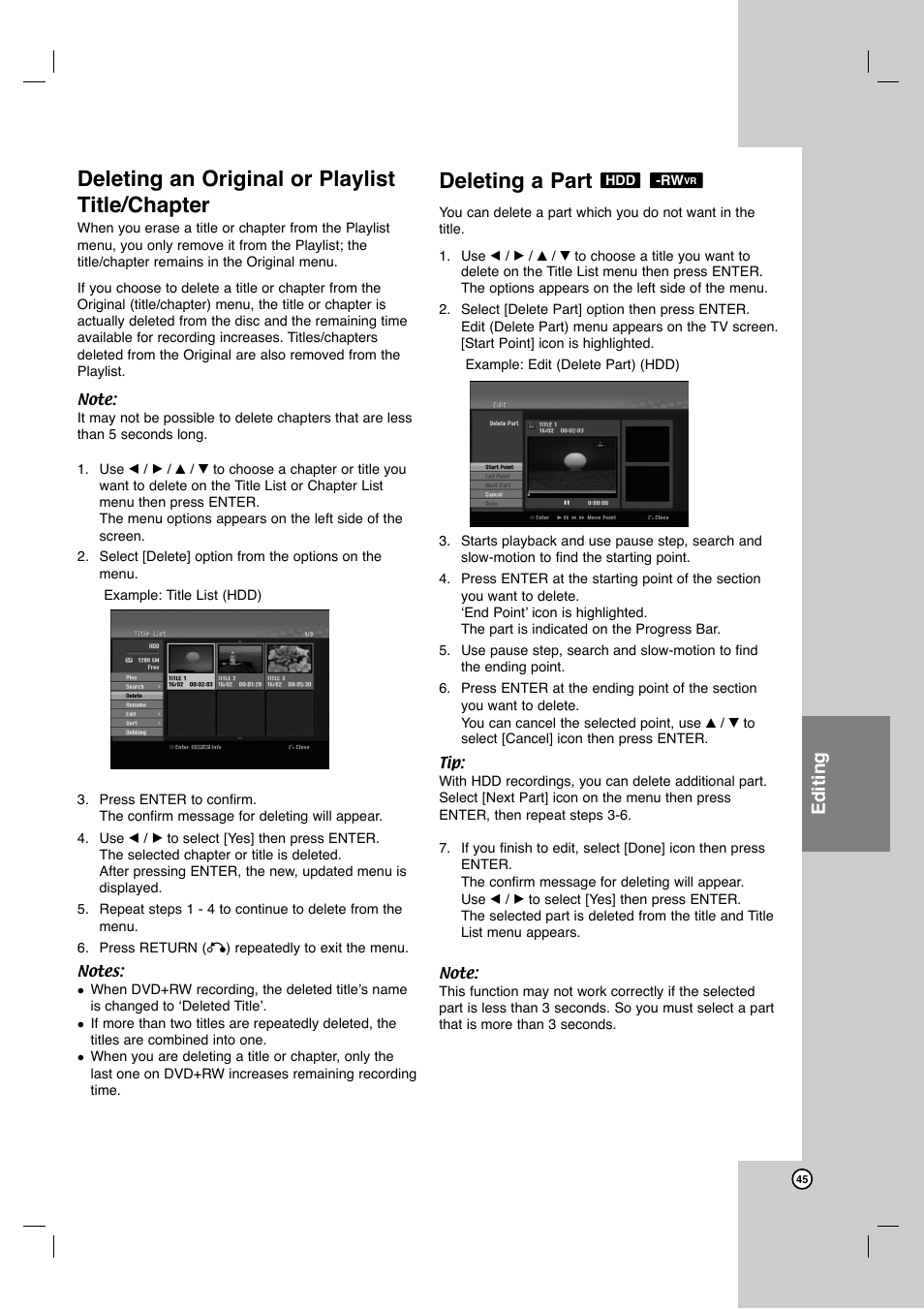 Deleting an original or playlist title/chapter, Deleting a part, Editing | JVC ShowView LPT1132-001A User Manual | Page 45 / 58