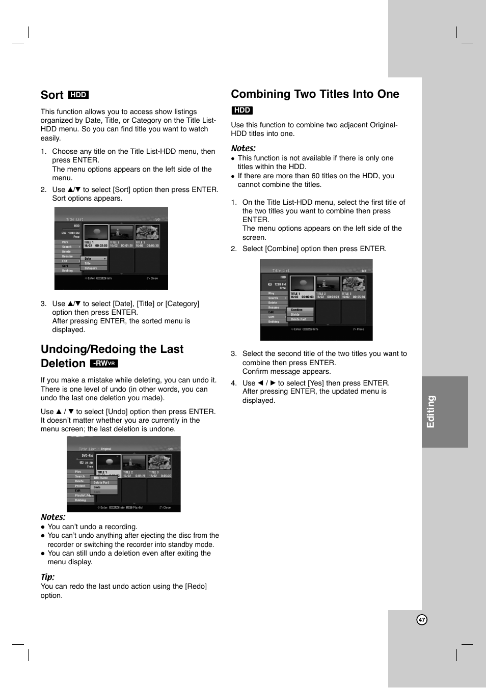 Sort, Undoing/redoing the last deletion, Combining two titles into one | Editing | JVC ShowView LPT1132-001A User Manual | Page 47 / 58