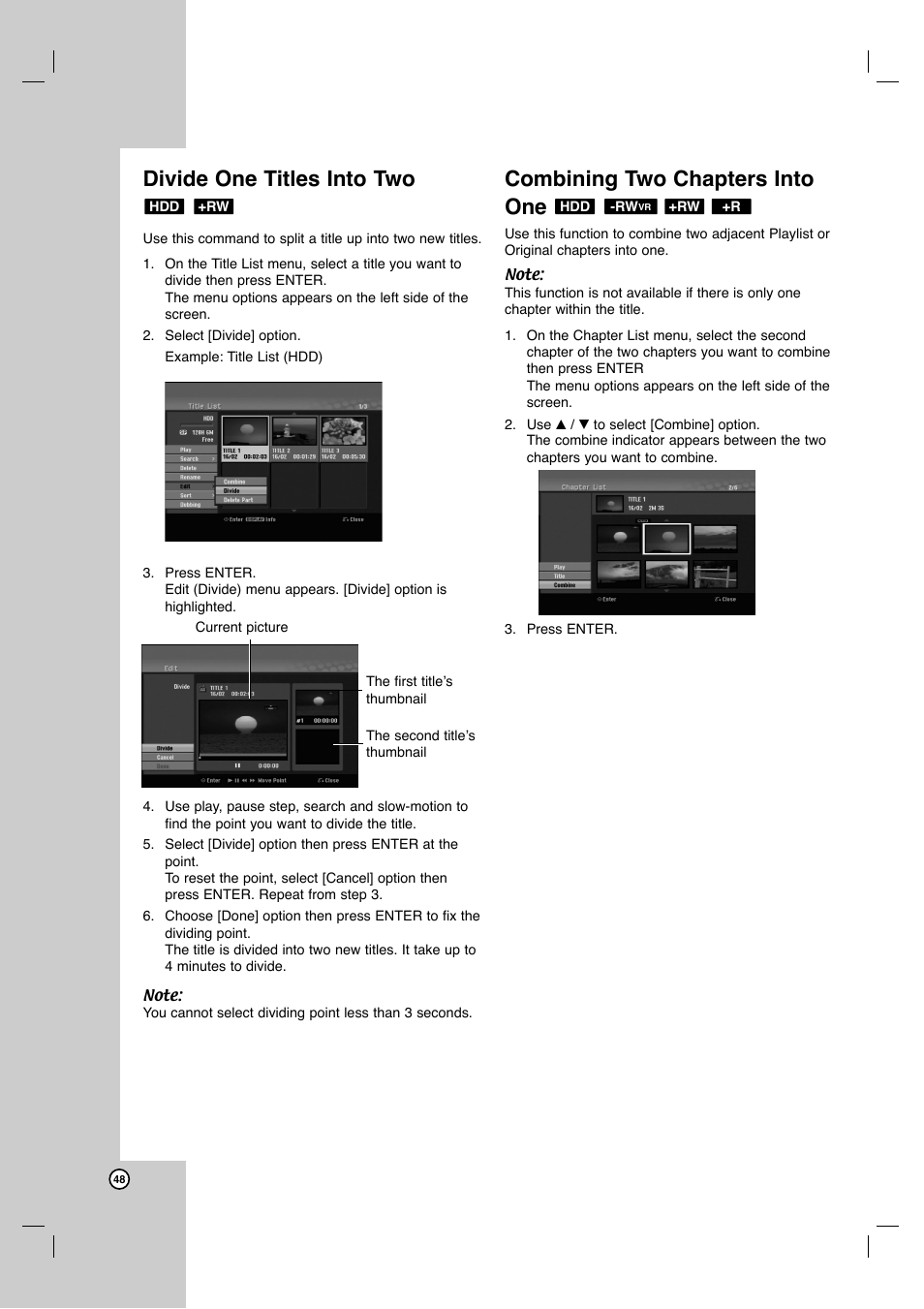 Divide one titles into two, Combining two chapters into one | JVC ShowView LPT1132-001A User Manual | Page 48 / 58