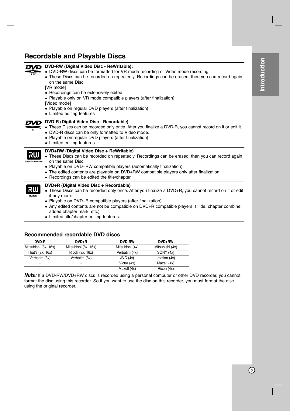 Recordable and playable discs, Introduction, Recommended recordable dvd discs | JVC ShowView LPT1132-001A User Manual | Page 5 / 58