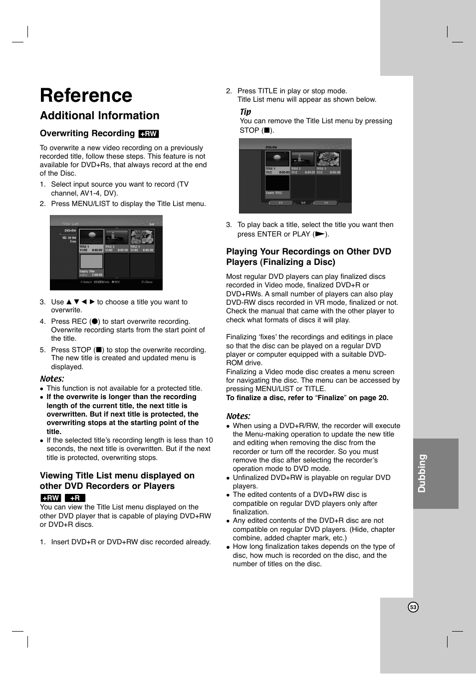 Reference, Additional information, Back | Dubbing | JVC ShowView LPT1132-001A User Manual | Page 53 / 58