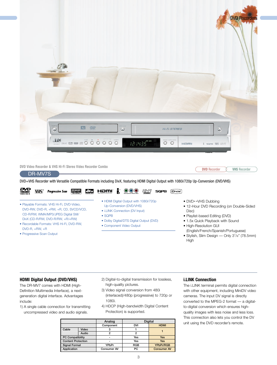Dr-mv7s, Dvd recorders, Hdmi digital output (dvd/vhs) | I.link connection | JVC 2006 User Manual | Page 4 / 16
