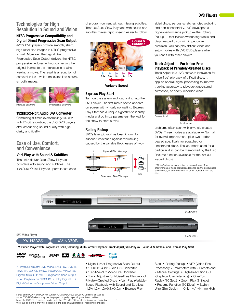 Ease of use, comfort, and convenience, Dvd players, Vari-play with sound & subtitles | Express play start, Rolling pickup | JVC 2006 User Manual | Page 5 / 16