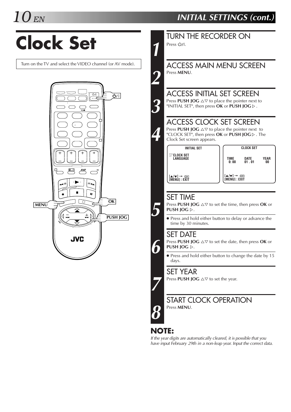 Clock set, Initial settings (cont.) | JVC HR-J271MS User Manual | Page 10 / 46