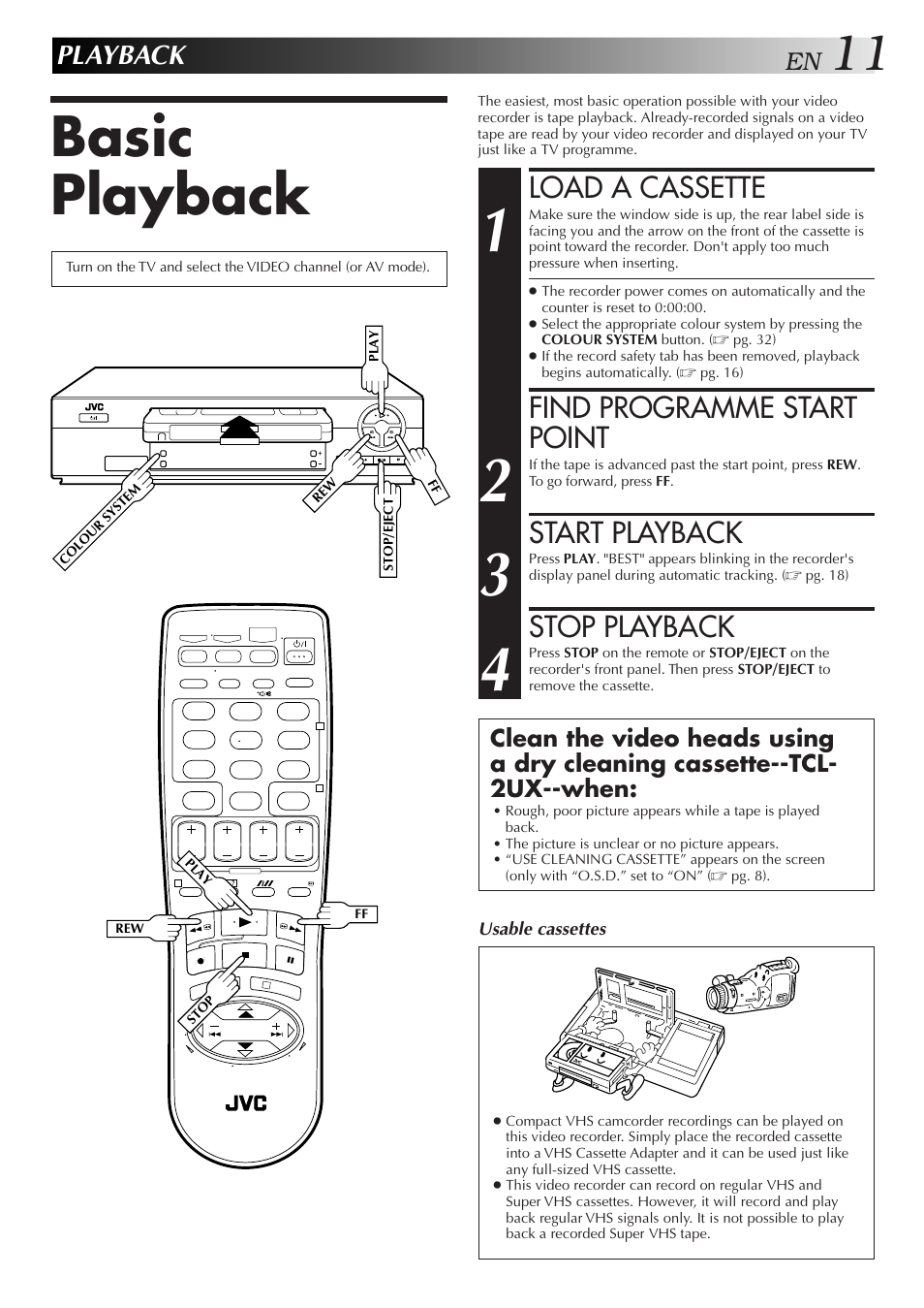 Basic playback, Load a cassette, Find programme start point | Start playback, Stop playback, Playback | JVC HR-J271MS User Manual | Page 11 / 46