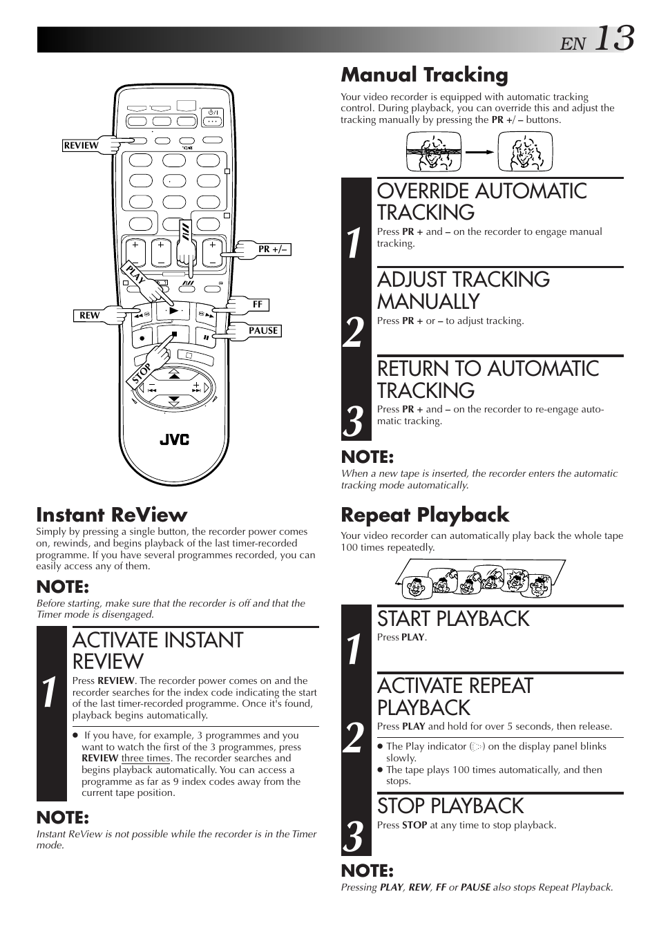 Override automatic tracking, Adjust tracking manually, Return to automatic tracking | Start playback, Activate repeat playback, Stop playback, Activate instant review, Manual tracking, Repeat playback, Instant review | JVC HR-J271MS User Manual | Page 13 / 46