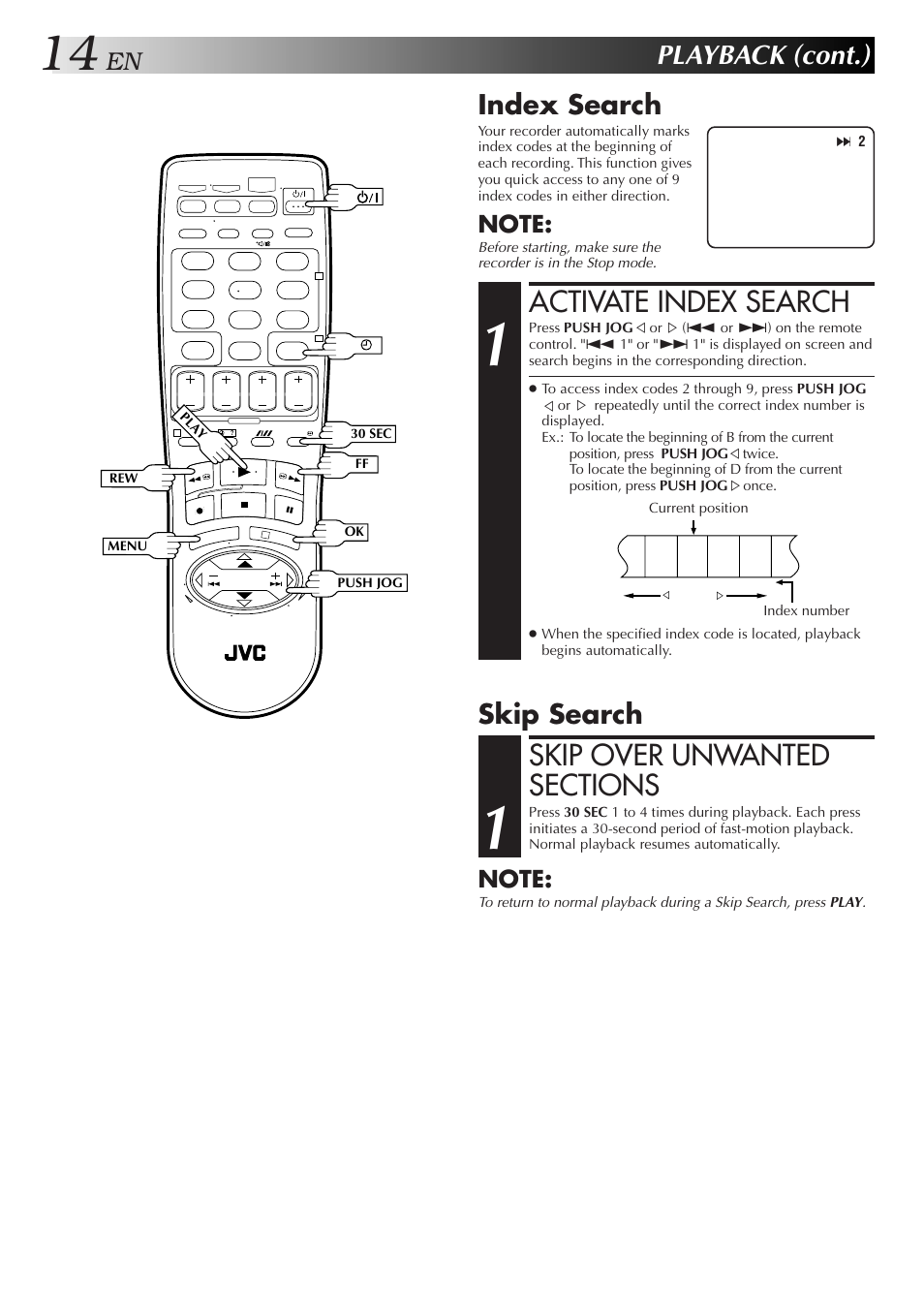 Activate index search, Playback (cont.), Index search | Skip search | JVC HR-J271MS User Manual | Page 14 / 46