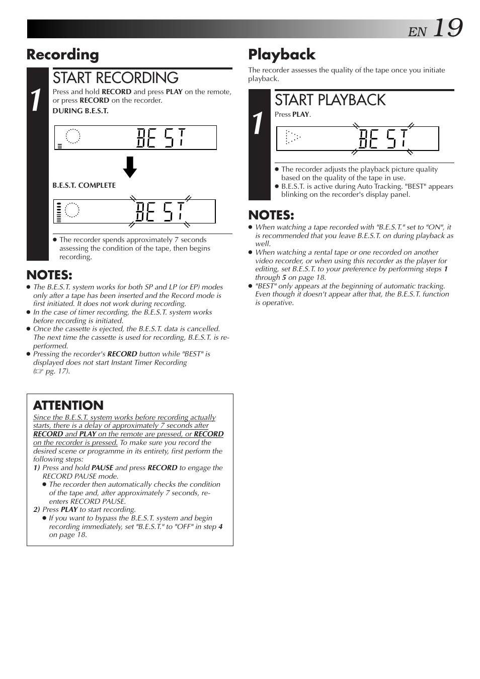 Start recording, Start playback, Recording | Playback, Attention | JVC HR-J271MS User Manual | Page 19 / 46