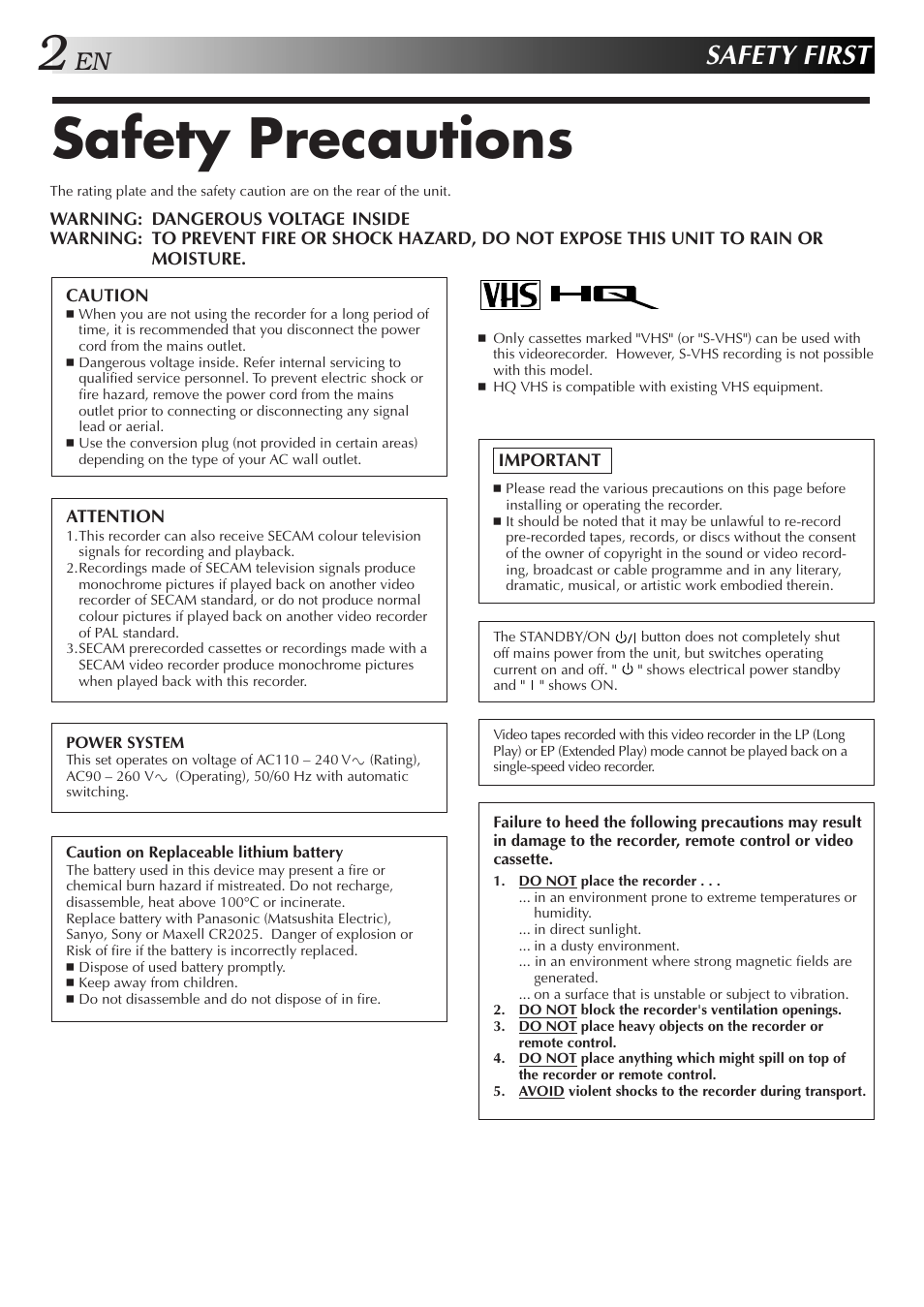Safety precautions, Safety first | JVC HR-J271MS User Manual | Page 2 / 46