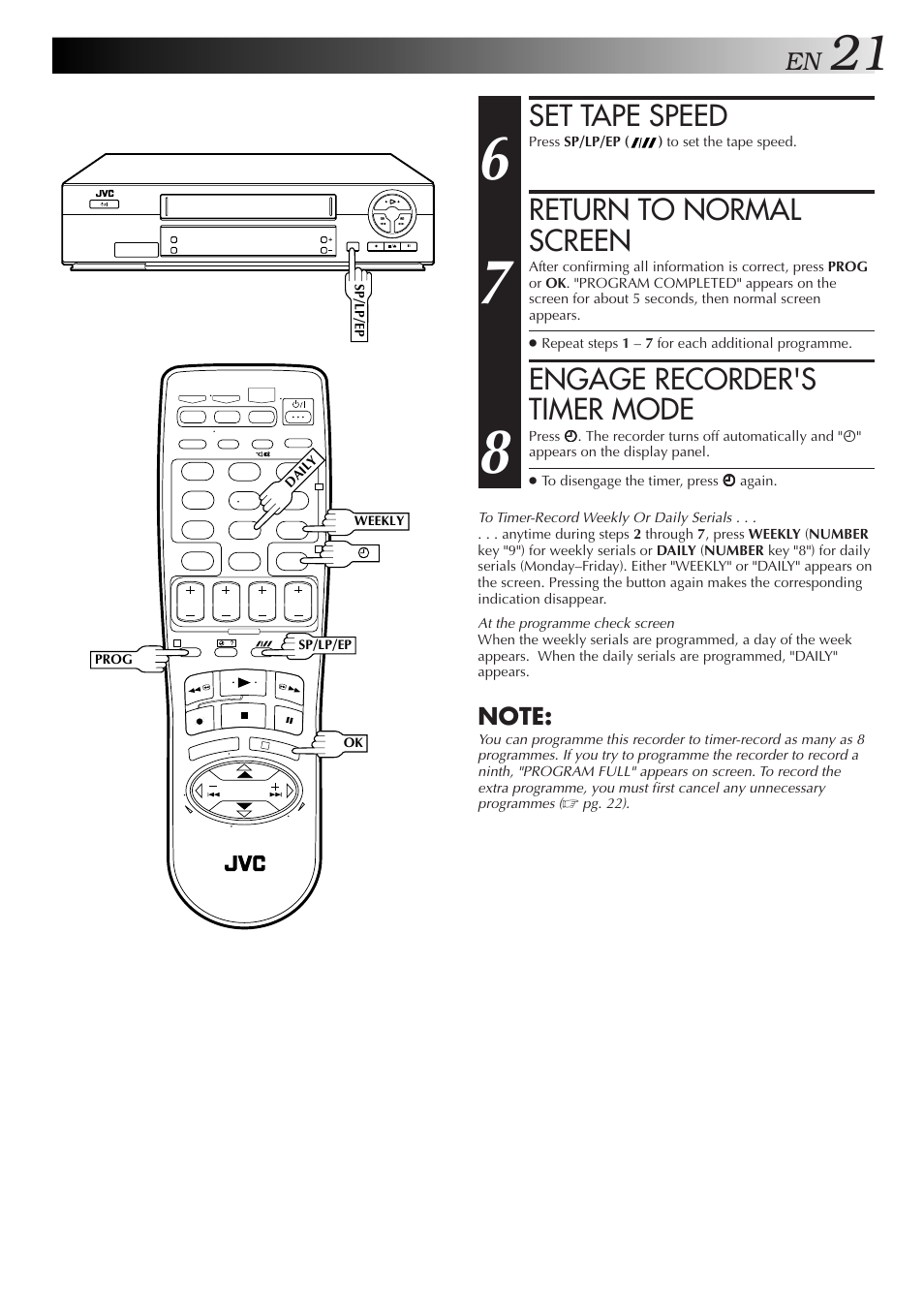 Set tape speed, Return to normal screen, Engage recorder's timer mode | JVC HR-J271MS User Manual | Page 21 / 46