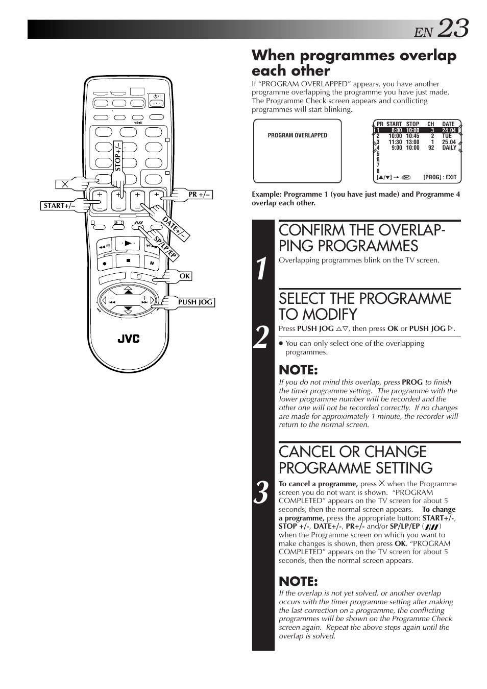 Confirm the overlap- ping programmes, Select the programme to modify, Cancel or change programme setting | When programmes overlap each other | JVC HR-J271MS User Manual | Page 23 / 46
