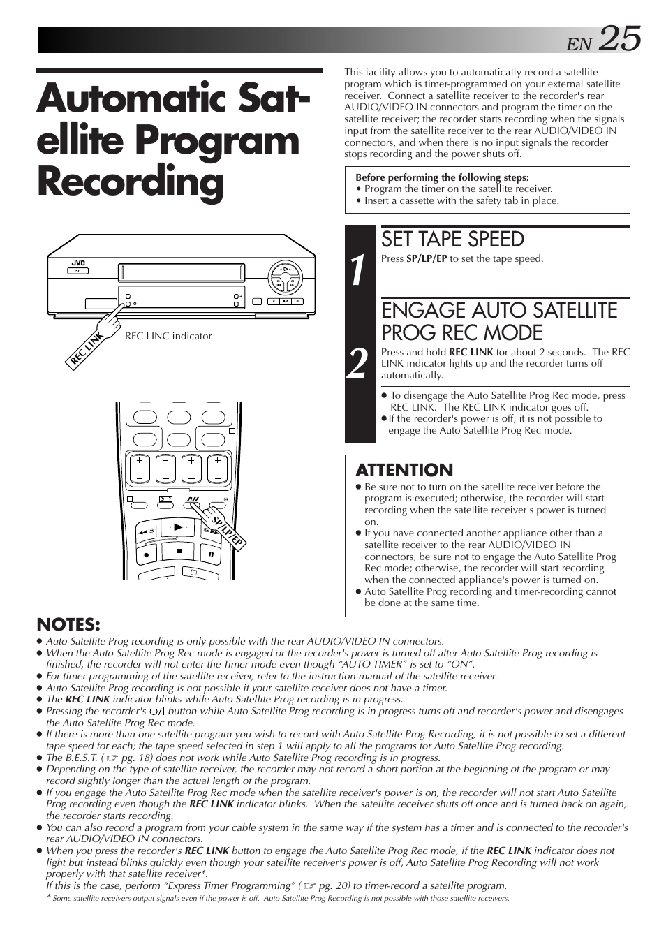 Automatic sat- ellite program recording, Set tape speed, Engage auto satellite prog rec mode | Attention | JVC HR-J271MS User Manual | Page 25 / 46