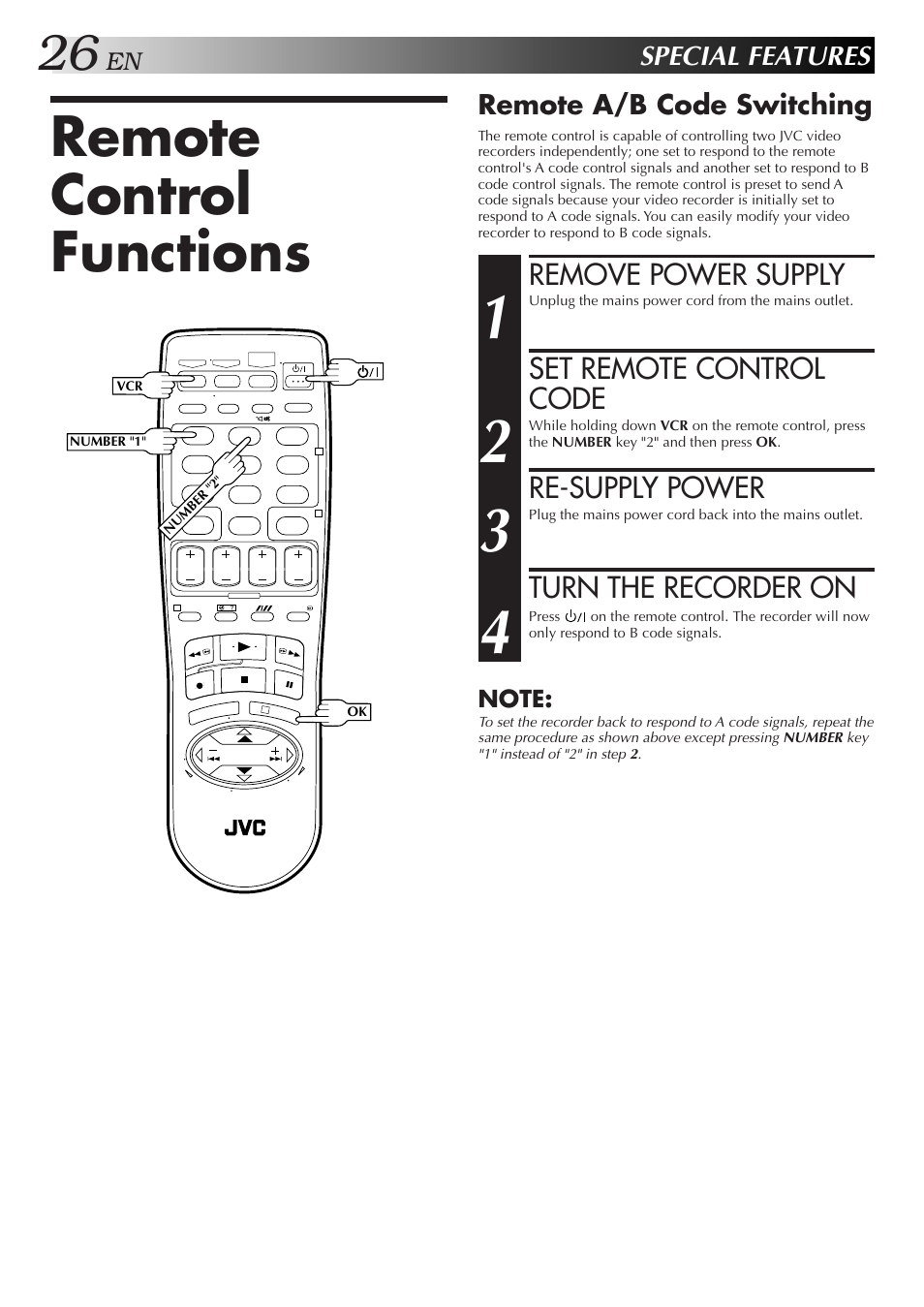 Remote control functions, Remove power supply, Set remote control code | Re-supply power, Turn the recorder on | JVC HR-J271MS User Manual | Page 26 / 46