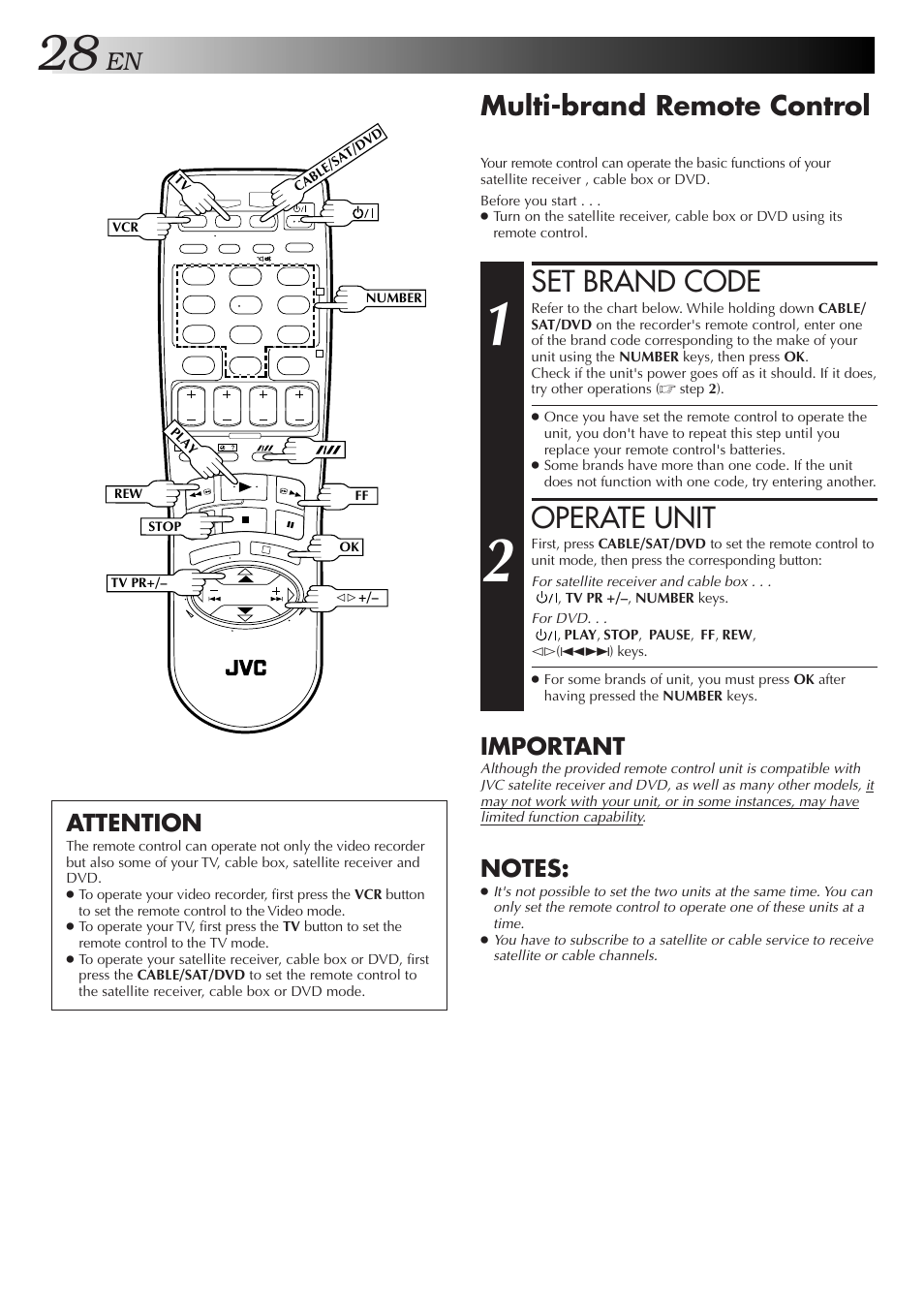 Set brand code, Operate unit, Multi-brand remote control | Important, Attention | JVC HR-J271MS User Manual | Page 28 / 46