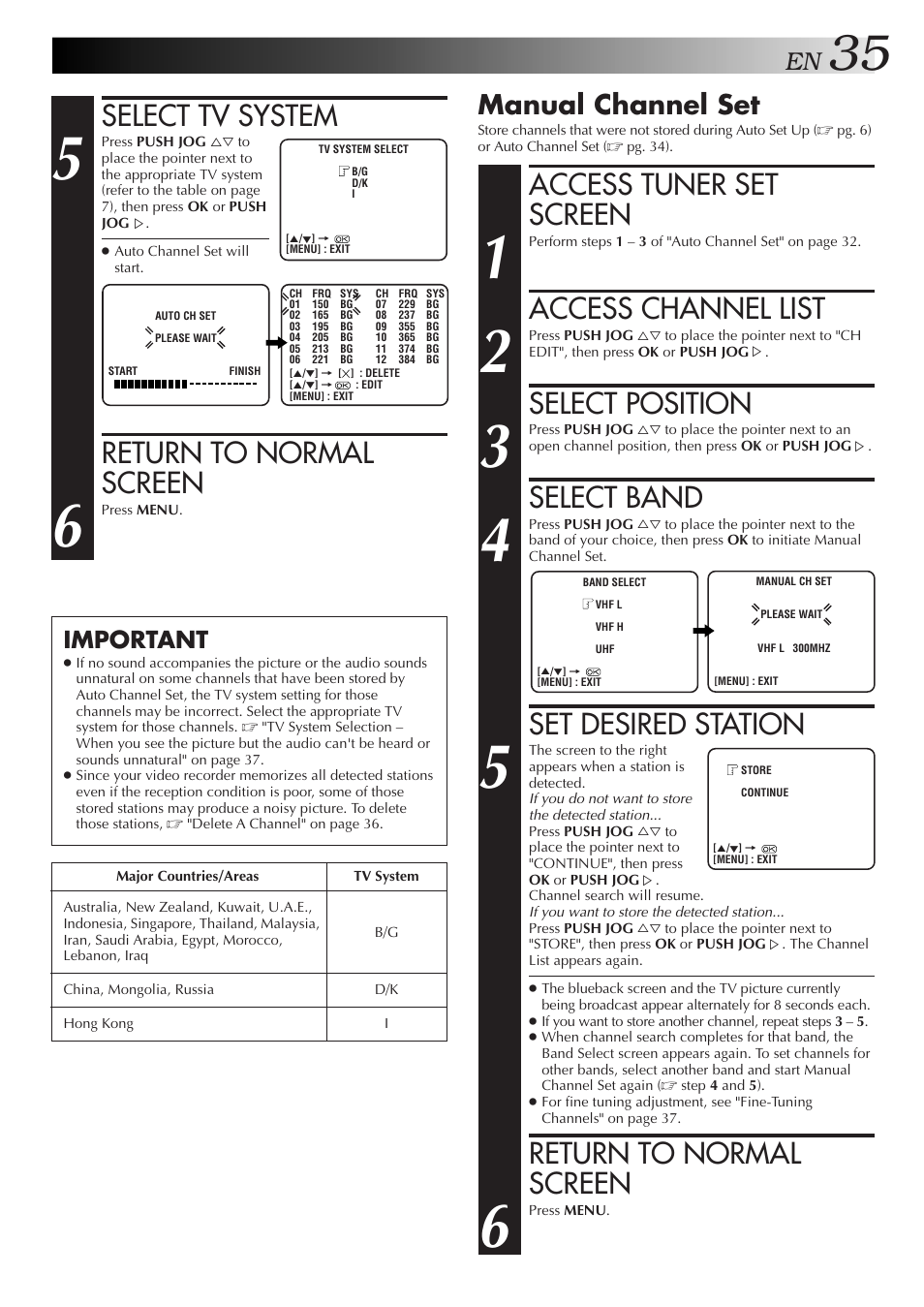 Access tuner set screen, Access channel list, Select position | Select band, Set desired station, Return to normal screen, Select tv system, Manual channel set, Important | JVC HR-J271MS User Manual | Page 35 / 46