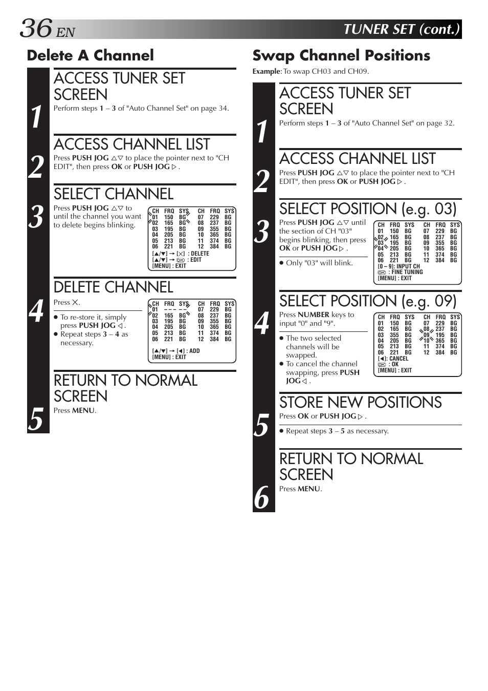Access tuner set screen, Access channel list, Select channel | Delete channel, Return to normal screen, Select position (e.g. 03), Select position (e.g. 09), Store new positions, Tuner set (cont.), Delete a channel | JVC HR-J271MS User Manual | Page 36 / 46