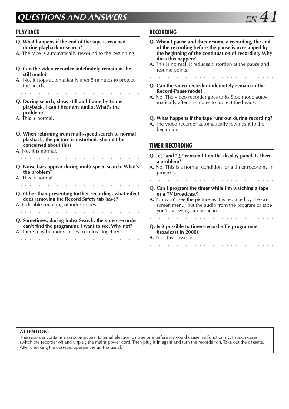 Questions and answers, Playback, Recording | Timer recording | JVC HR-J271MS User Manual | Page 41 / 46