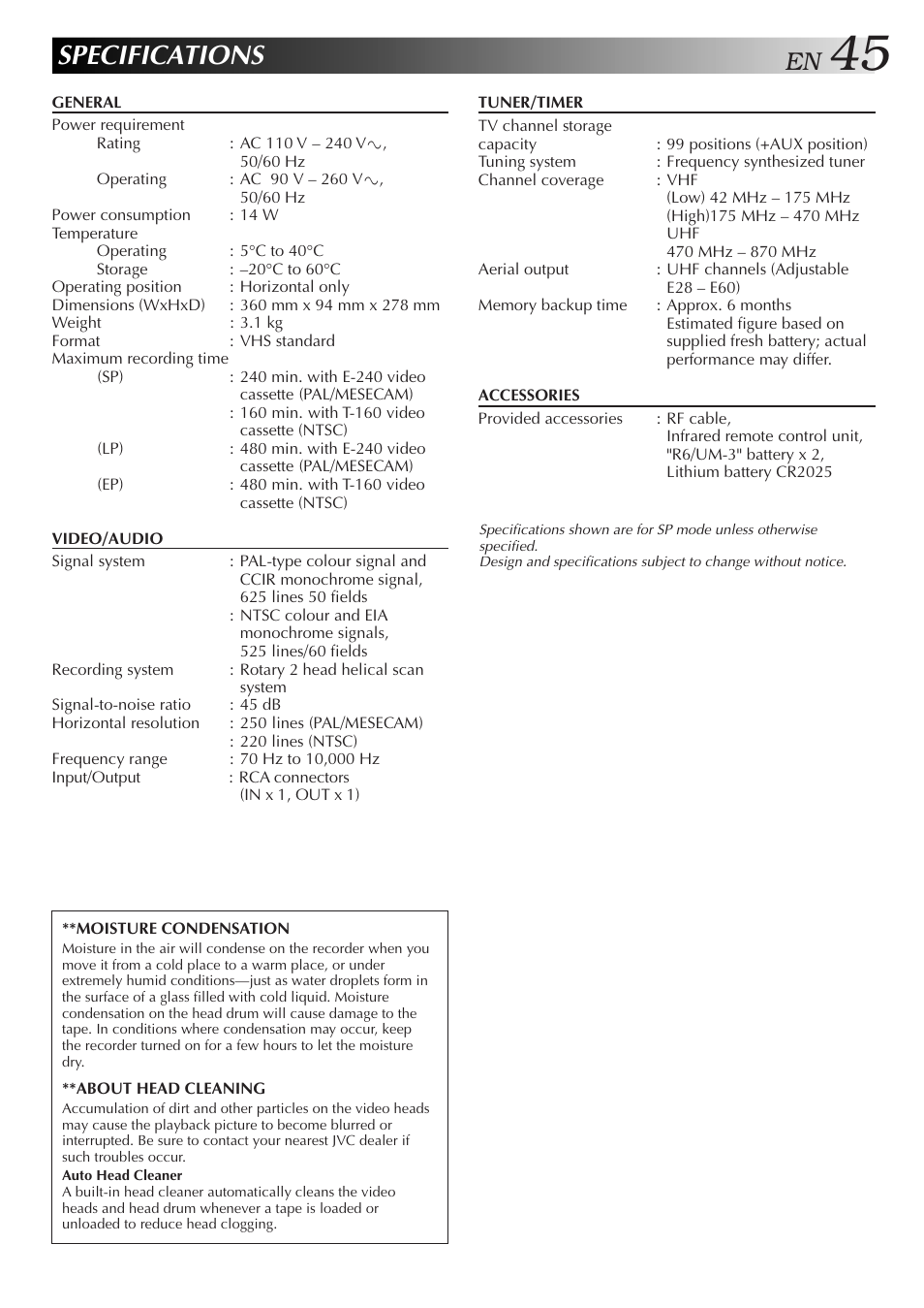 Specifications | JVC HR-J271MS User Manual | Page 45 / 46