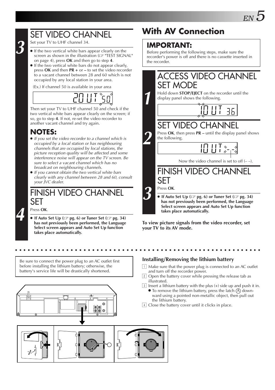Set video channel, Finish video channel set, Access video channel set mode | With av connection, Important, Installing/removing the lithium battery | JVC HR-J271MS User Manual | Page 5 / 46