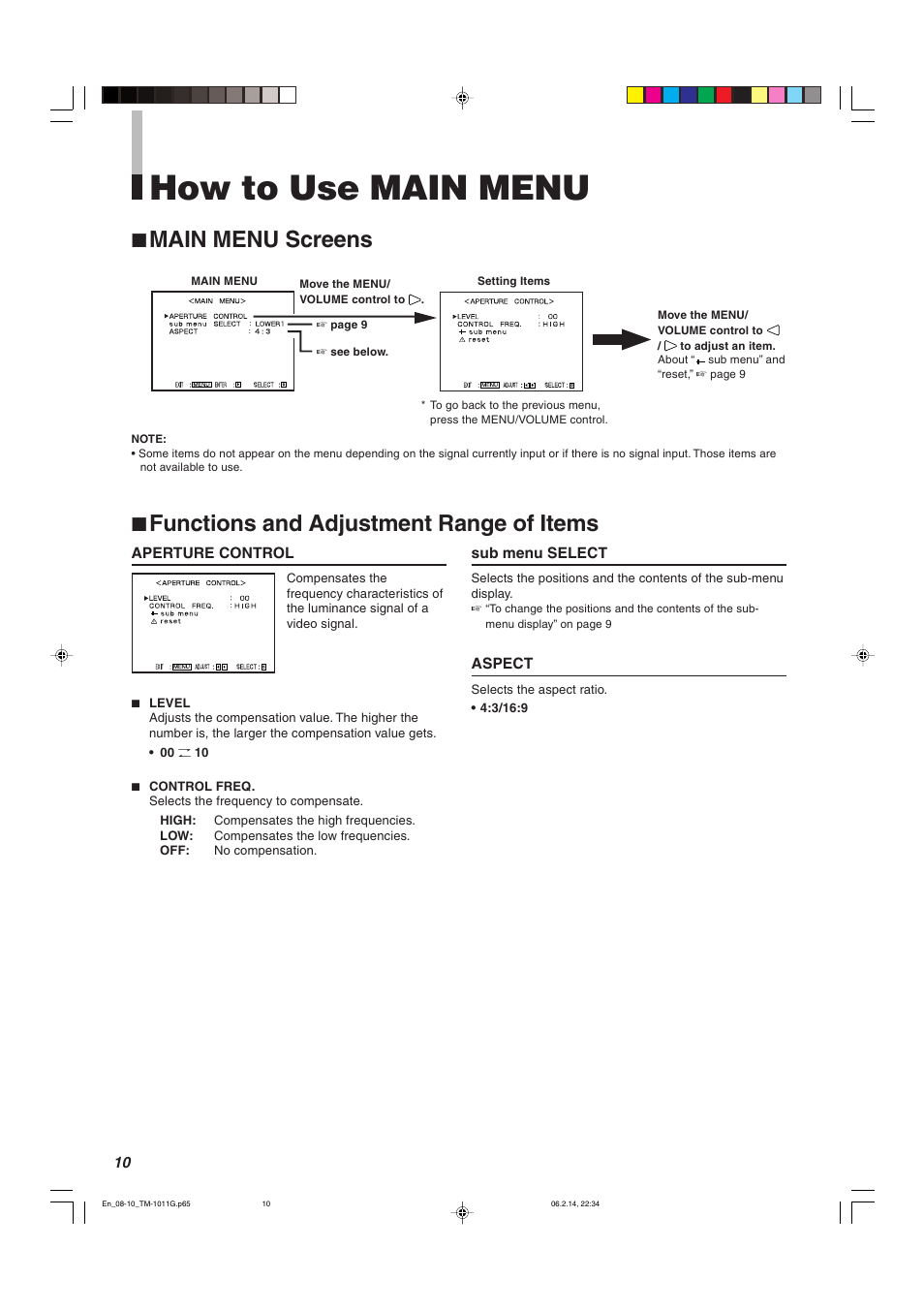 How to use main menu, 7 main menu screens, 7 functions and adjustment range of items | JVC TM-1011G User Manual | Page 10 / 20