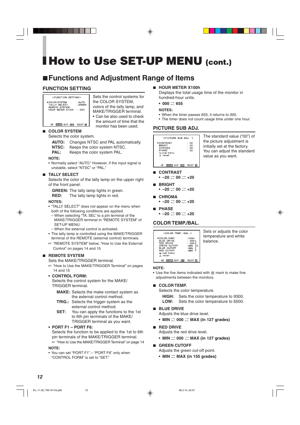 How to use set-up menu, Cont.) 7 functions and adjustment range of items | JVC TM-1011G User Manual | Page 12 / 20