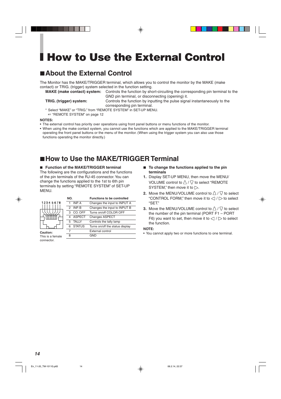 How to use the external control, 7 about the external control, 7 how to use the make/trigger terminal | JVC TM-1011G User Manual | Page 14 / 20