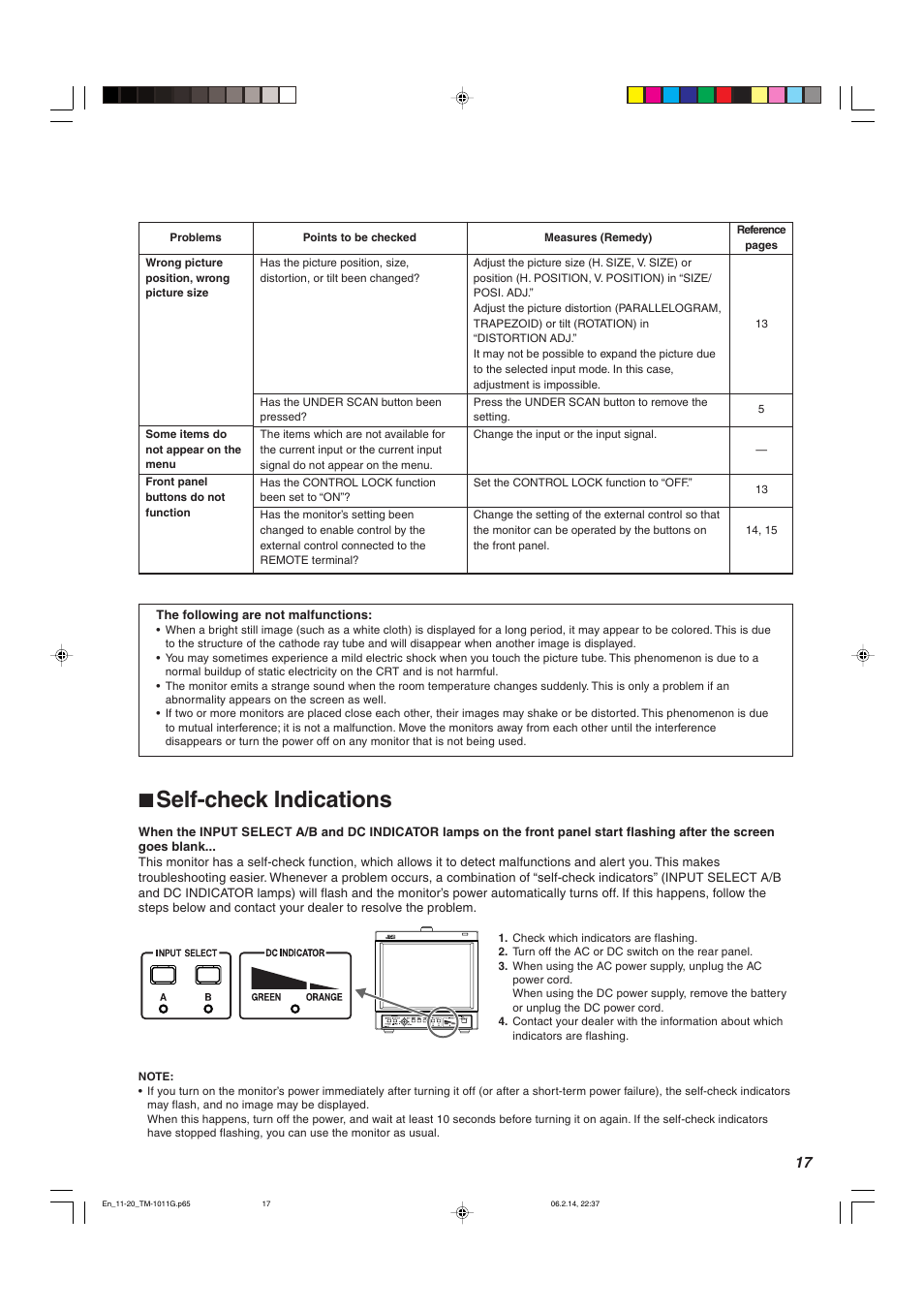 Self-check indications, 7 self-check indications | JVC TM-1011G User Manual | Page 17 / 20