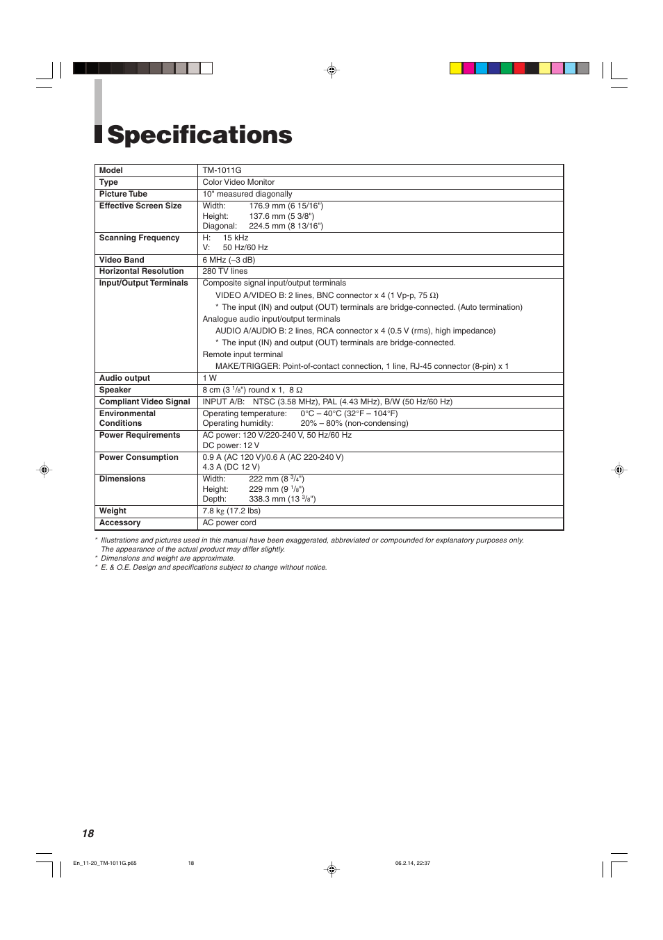 Specifications | JVC TM-1011G User Manual | Page 18 / 20