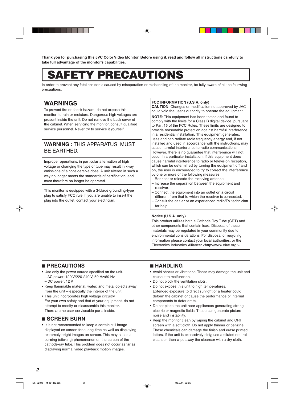 Safety precautions, Warnings, 7 precautions | 7 screen burn, 7 handling, Warning : this apparatus must be earthed | JVC TM-1011G User Manual | Page 2 / 20