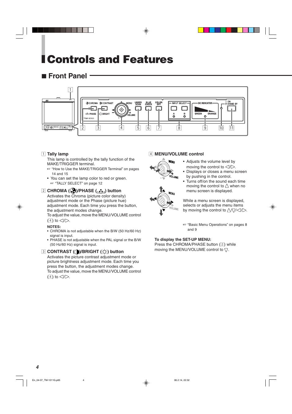 Controls and features, 7 front panel | JVC TM-1011G User Manual | Page 4 / 20