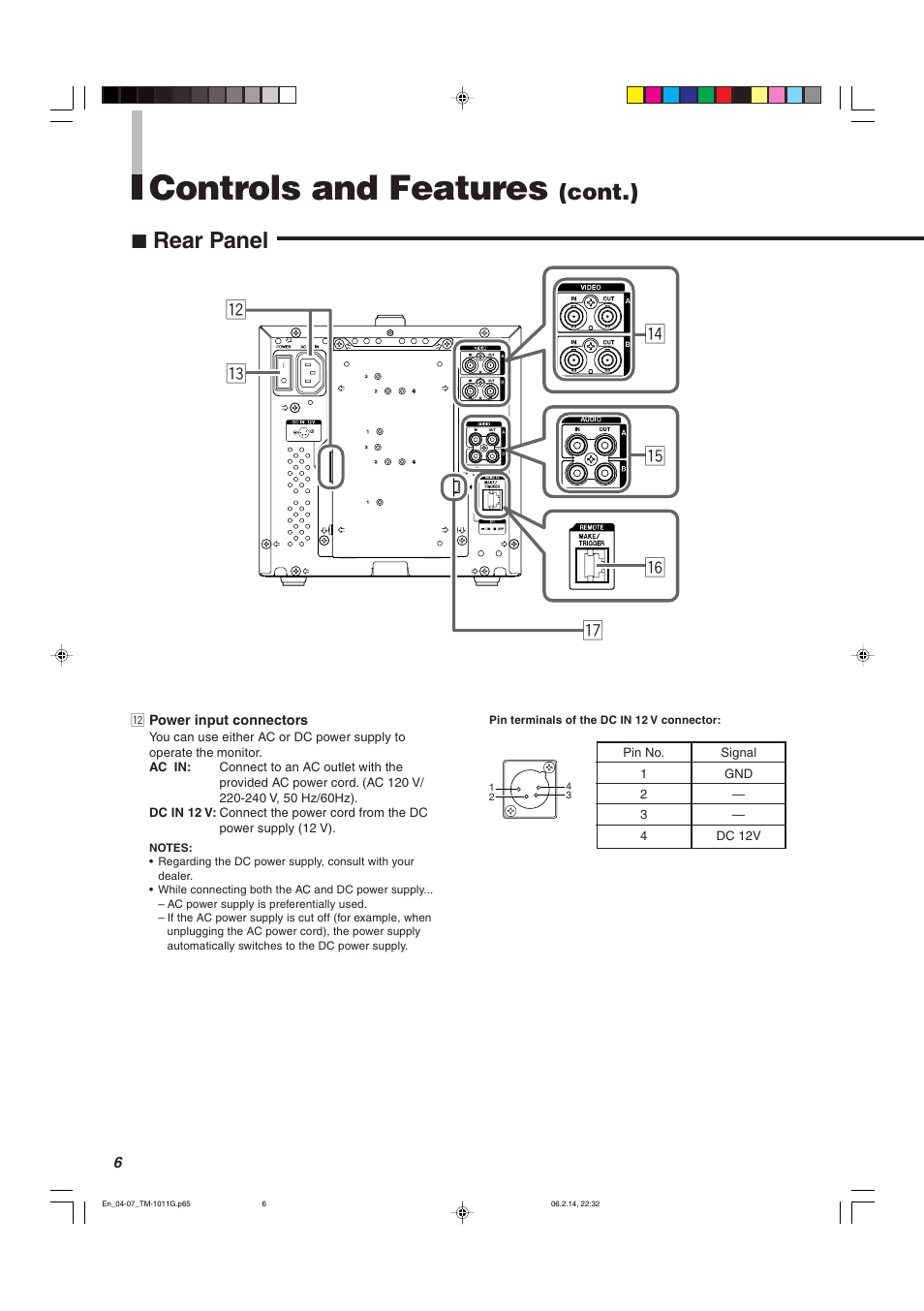 Controls and features, 7 rear panel, Cont.) | JVC TM-1011G User Manual | Page 6 / 20