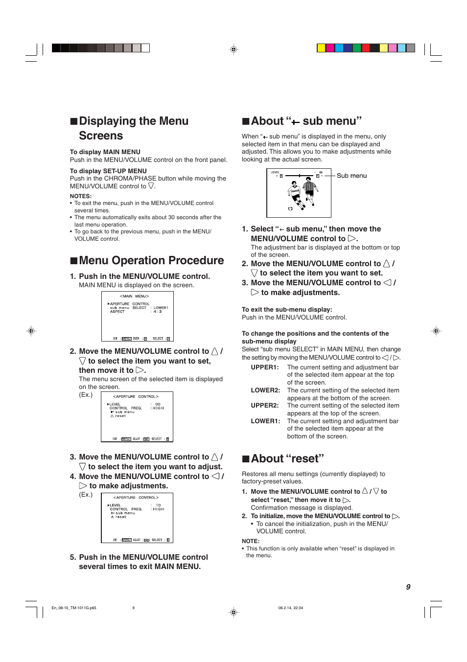 7 about “ sub menu, 7 about “reset, 7 displaying the menu screens | 7 menu operation procedure | JVC TM-1011G User Manual | Page 9 / 20