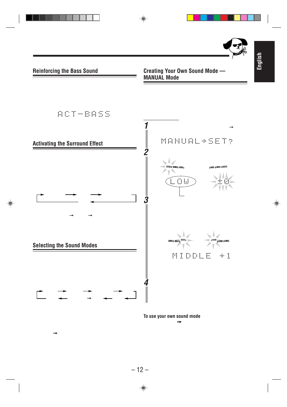 English, Creating your own sound mode — manual mode, Reinforcing the bass sound | Activating the surround effect, Selecting the sound modes | JVC MX-WMD90 User Manual | Page 15 / 58