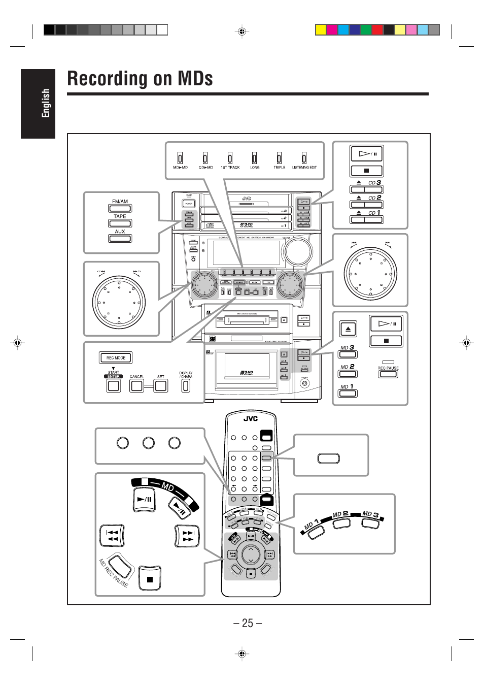 Recording on mds, English, Ba fm/am tape aux | JVC MX-WMD90 User Manual | Page 28 / 58