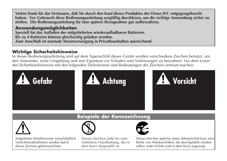 Gefahr, Achtung, Vorsicht | JVC LYT0232-001C User Manual | Page 12 / 44