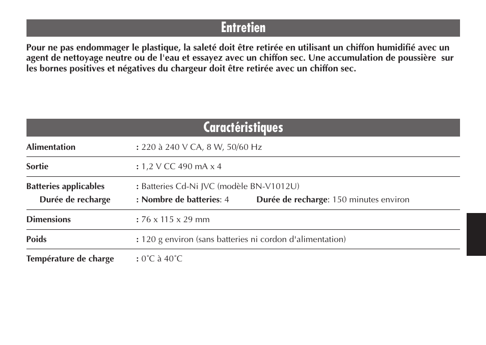 Entretien, Caractéristiques | JVC LYT0232-001C User Manual | Page 31 / 44