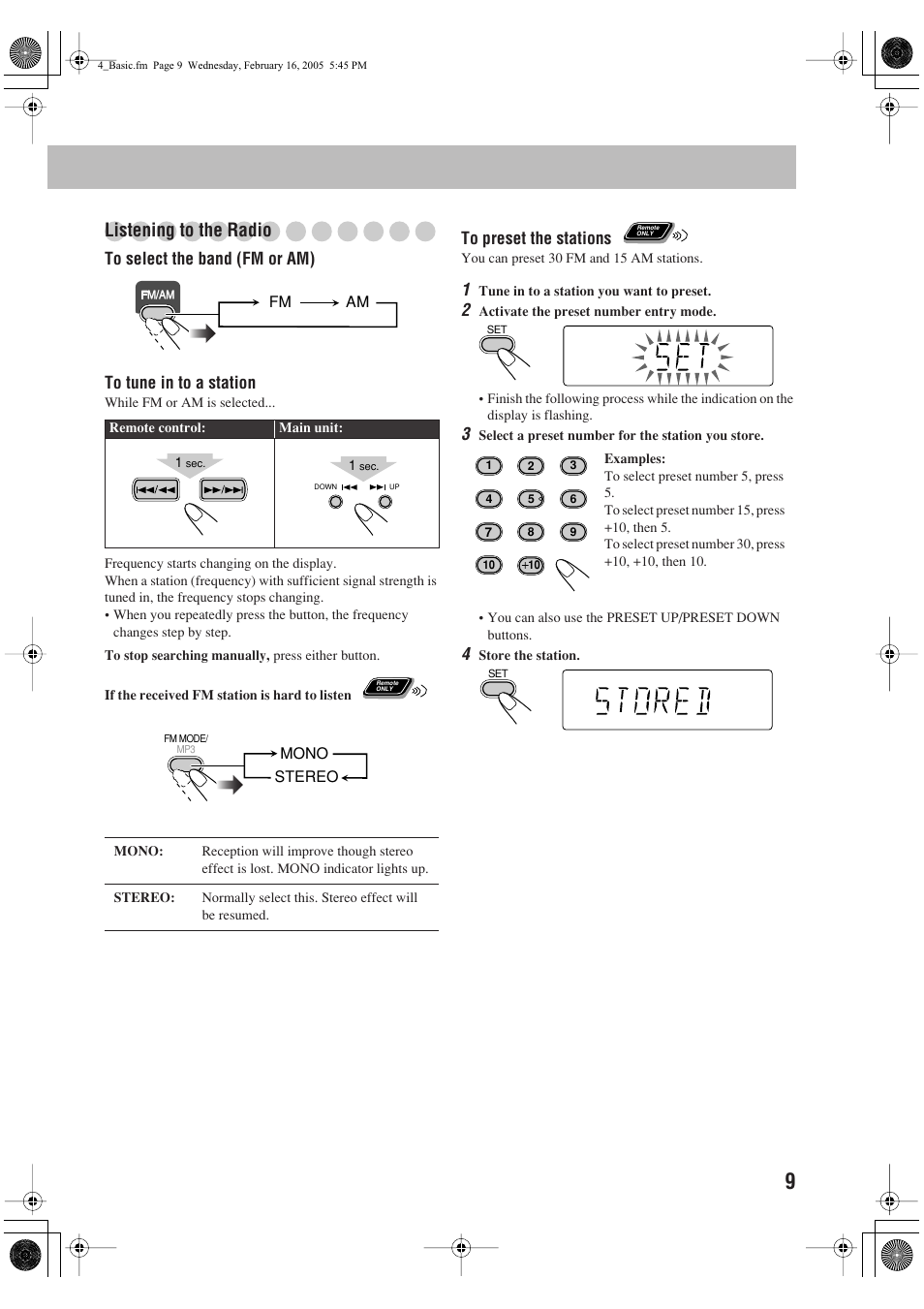 Listening to the radio | JVC CA-UXS59 User Manual | Page 13 / 29