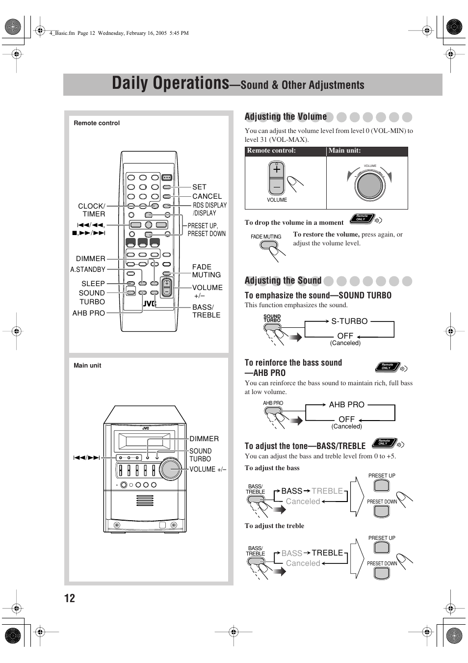 Daily operations —sound & other adjustments, Daily operations, Sound & other adjustments | Adjusting the volume adjusting the volume, Adjusting the sound | JVC CA-UXS59 User Manual | Page 16 / 29