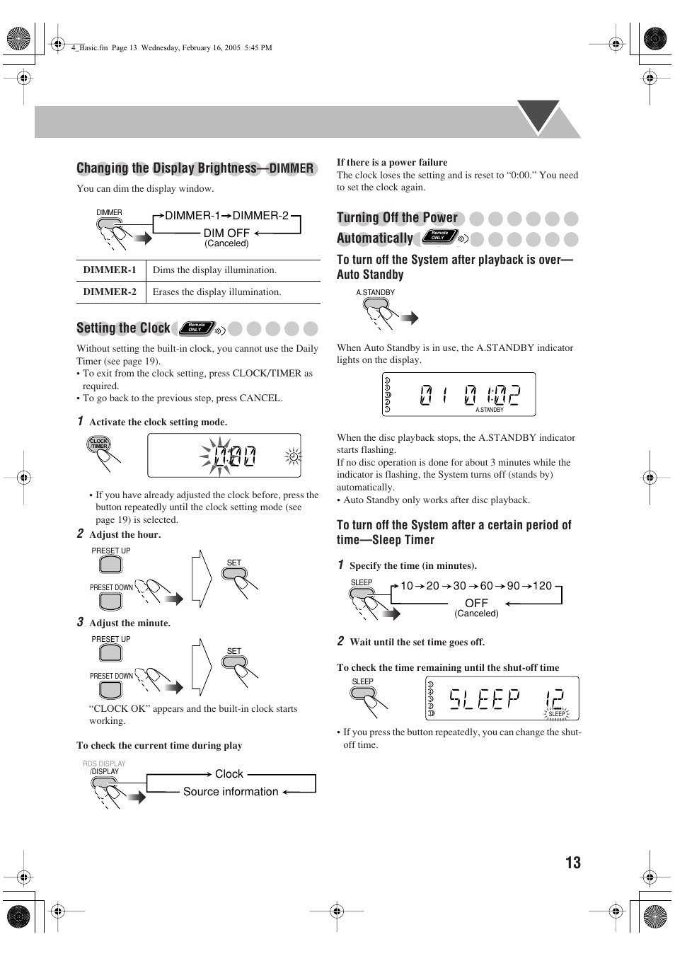 Changing the display brightness, Setting the clock, Turning off the power automatically | JVC CA-UXS59 User Manual | Page 17 / 29