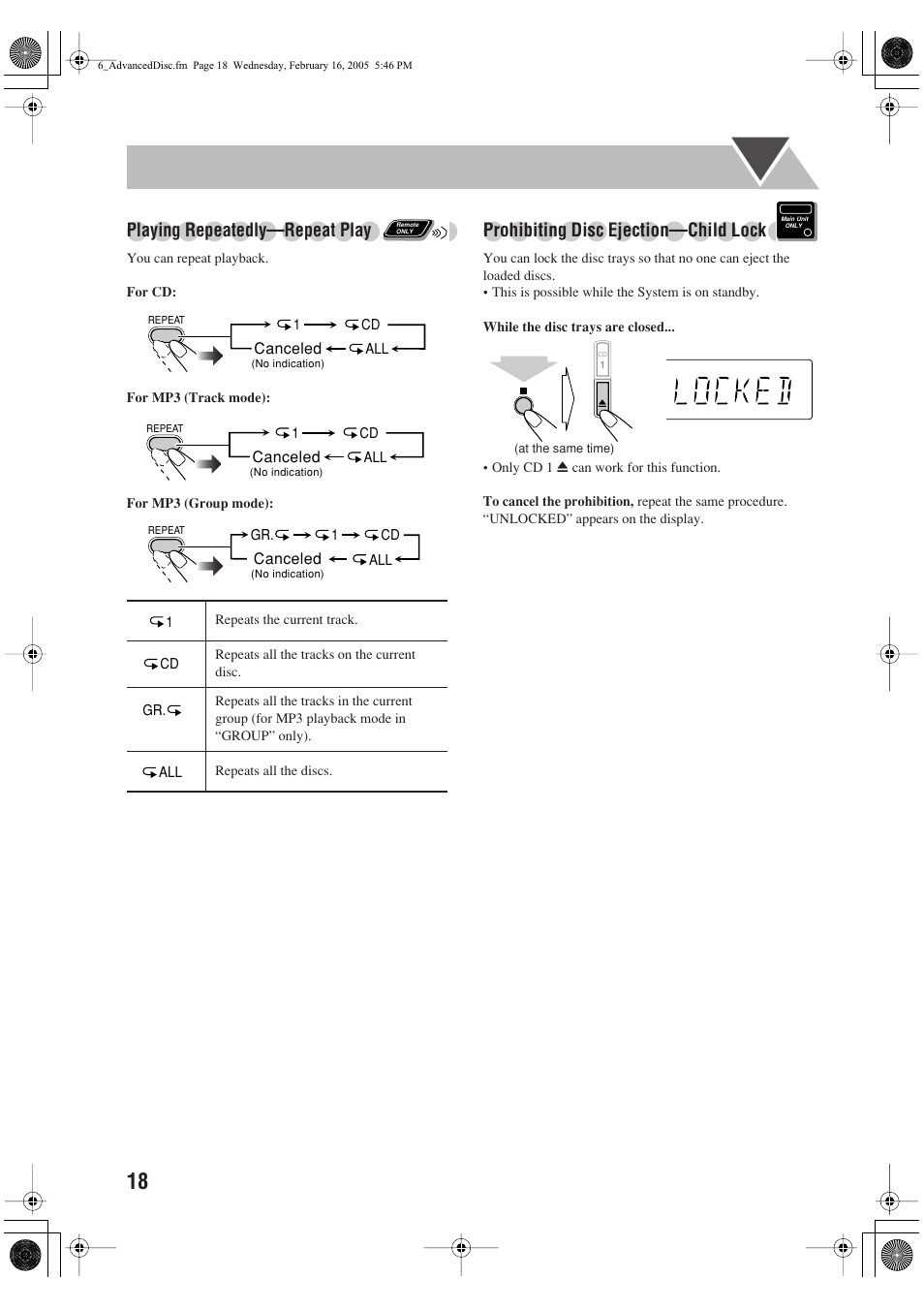 Playing repeatedly—repeat play, Prohibiting disc ejection—child lock | JVC CA-UXS59 User Manual | Page 22 / 29