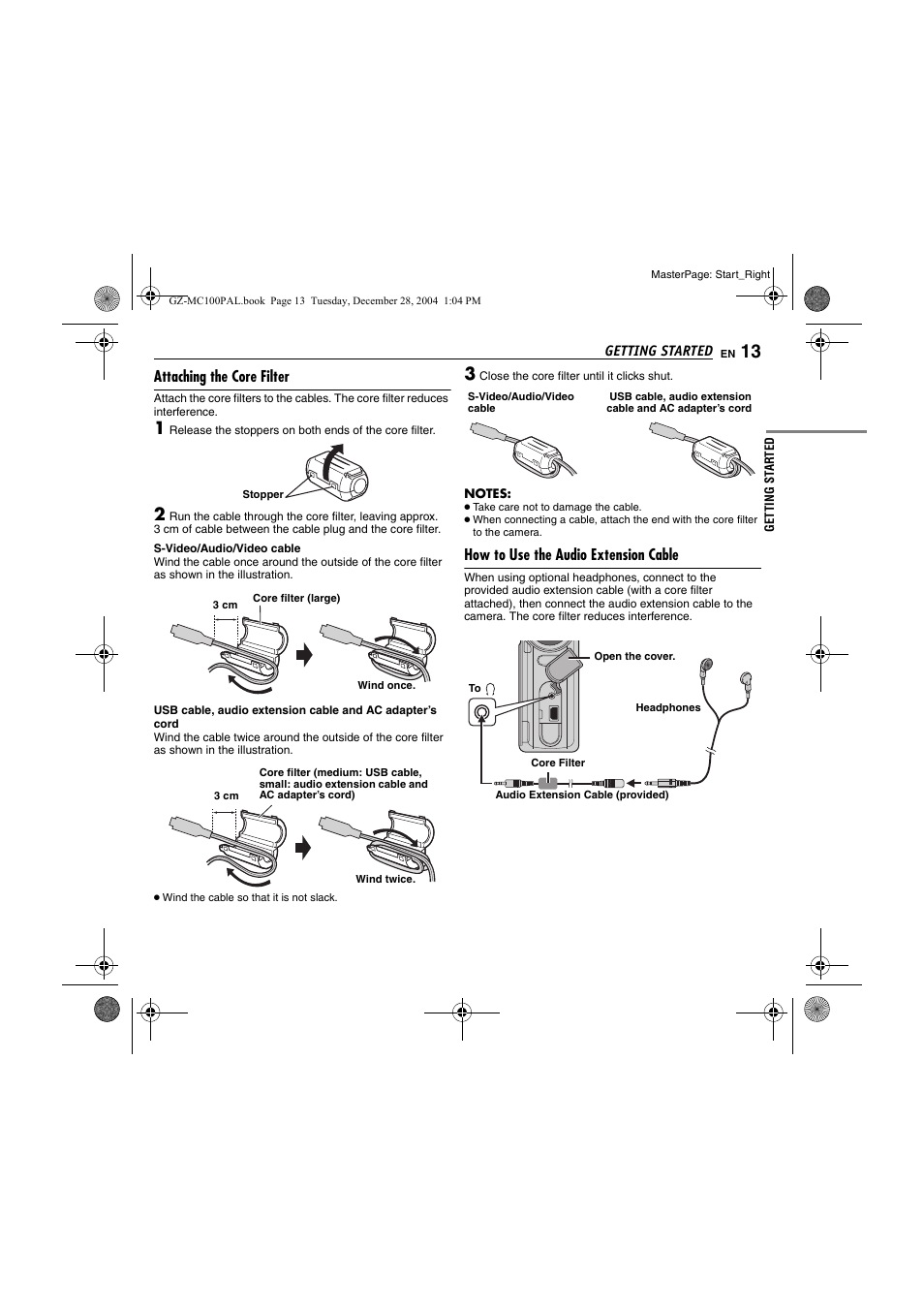 Attaching the core filter, How to use the audio extension cable, Pg. 13) | E 13 | JVC LYT1341-001B EN User Manual | Page 13 / 44