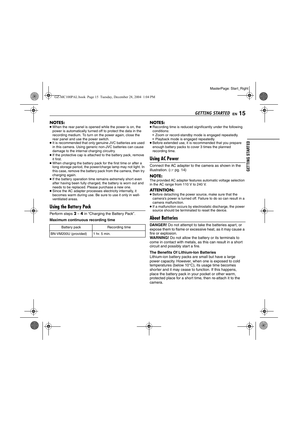 Using the battery pack, Using ac power, About batteries | JVC LYT1341-001B EN User Manual | Page 15 / 44