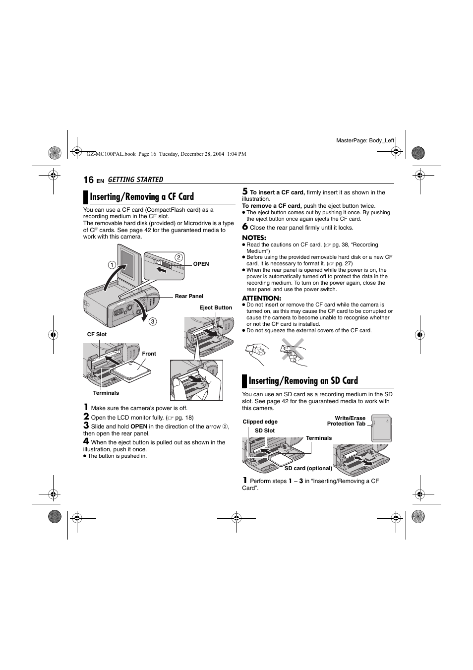 Inserting/removing a cf card, Inserting/removing an sd card, Pg. 16) | JVC LYT1341-001B EN User Manual | Page 16 / 44