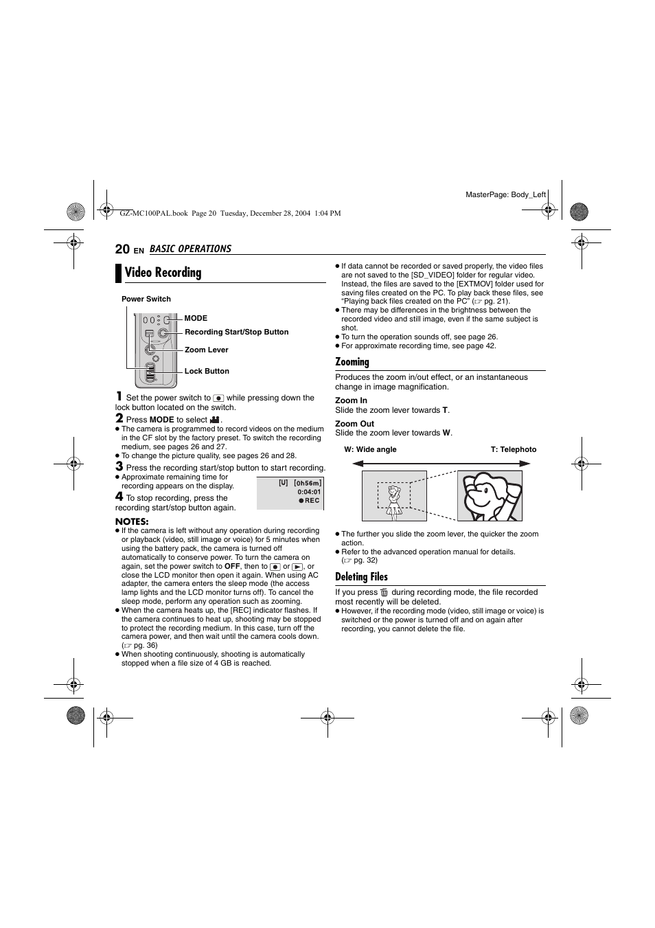 Video recording, Zooming, Deleting files | Pg. 20), Pg. 20, 28, Pg. 20, Pg. 20, 21 | JVC LYT1341-001B EN User Manual | Page 20 / 44